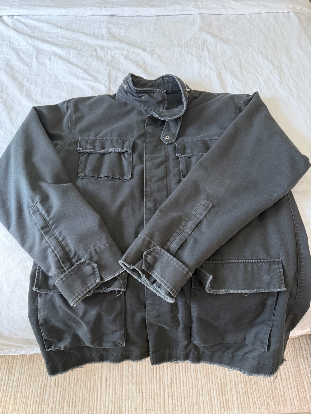 Frayed Lightweight Military Jacket - Black - XL